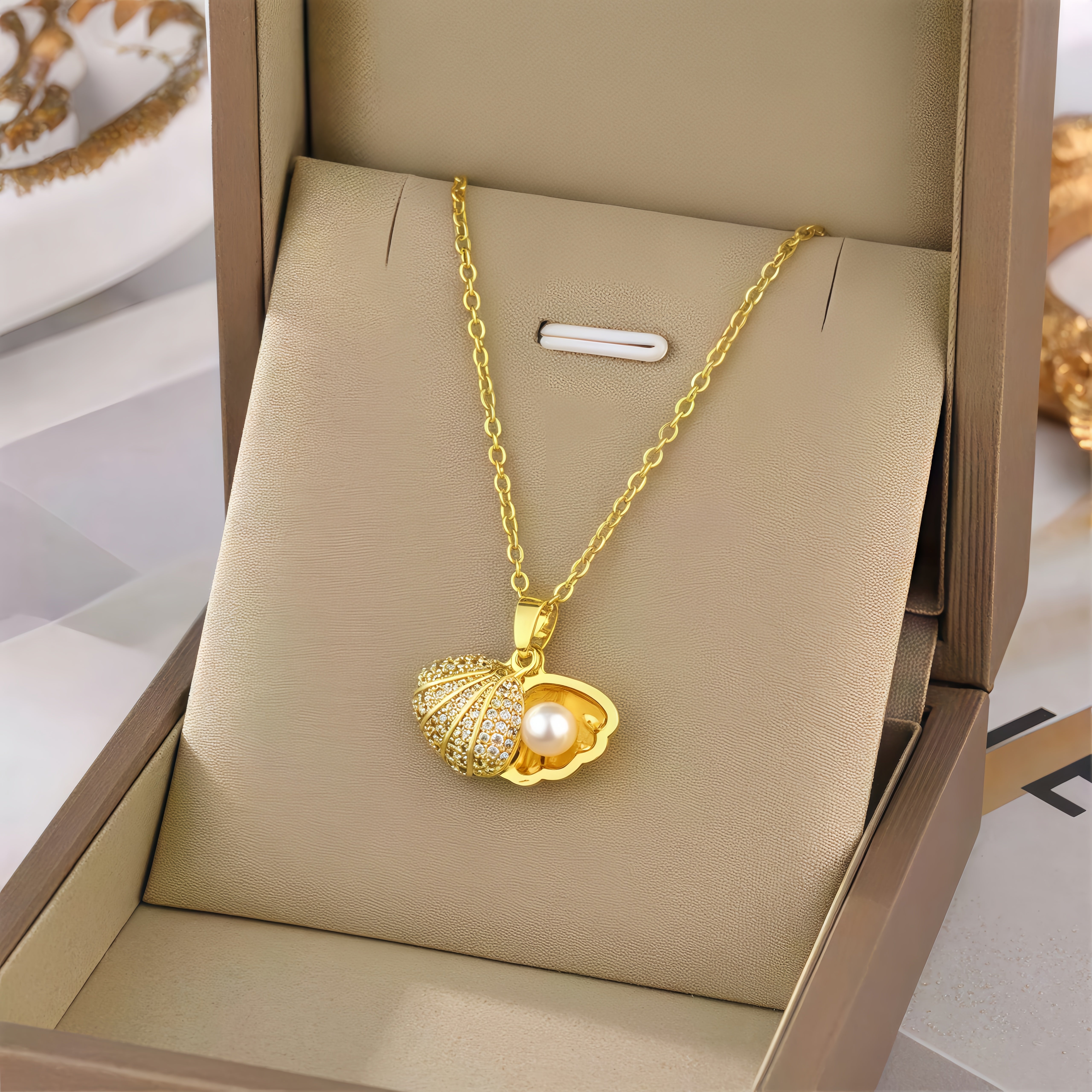 14K Gold Shell Pearl Necklace with Crystal Zircon