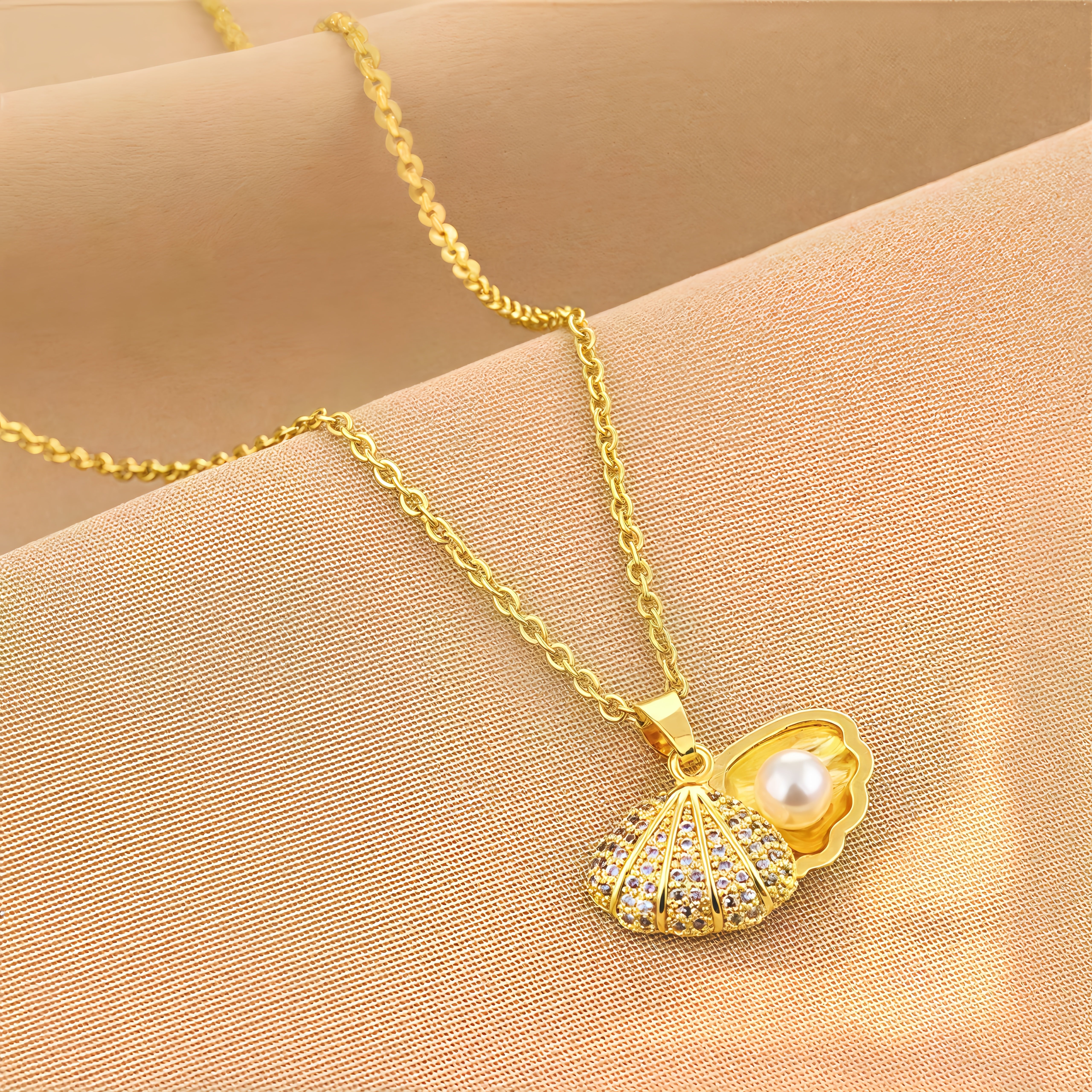 14K Gold Shell Pearl Necklace with Crystal Zircon