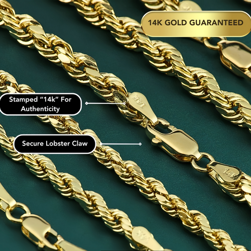 14K Solid Gold Diamond-Cut Rope Chain | 2mm - 6mm Widths | Crafuo