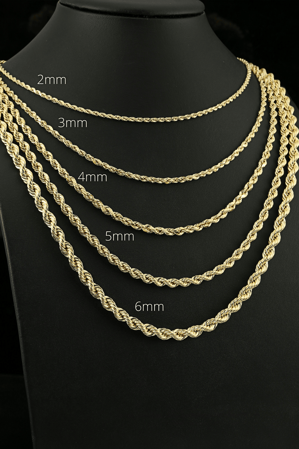 14K Solid Gold Classic Rope Chain | 2mm - 6mm Widths | Crafuo