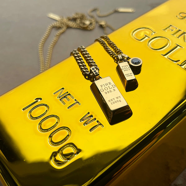 14K Gold Replica Gold Block Pendant Necklace