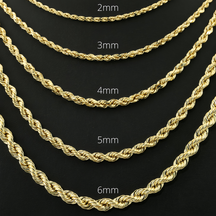 14K Solid Gold Diamond-Cut Rope Chain | 2mm - 6mm Widths | Crafuo